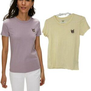 Aritzia Sunday Best Candy crewneck pastel yellow t-shirt Bulldog  patch